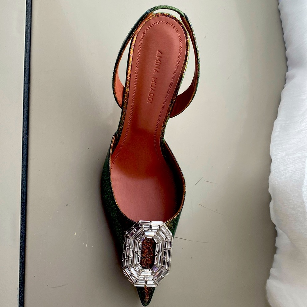 Amina Muaddi slingback in disco/metalic color